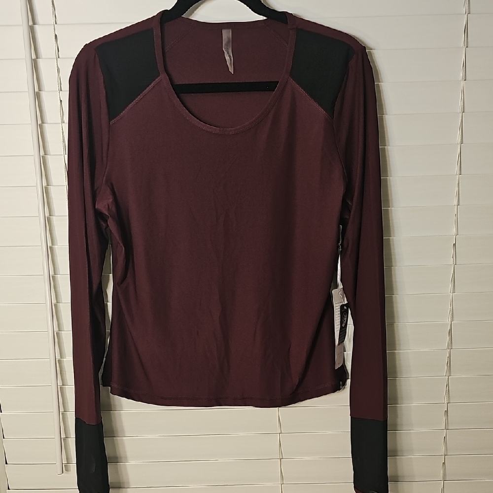 X By Gottex Long Sleeve Top Burgundy W/Black Mesh Size Large NWT